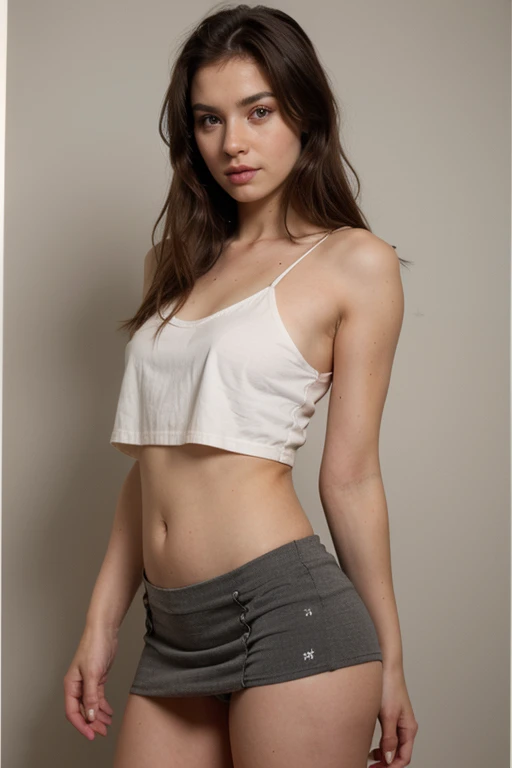 A beautiful women in white t-shirt and skirt,poses with side view ,extremely detailed face and body, hourgrass body shape, beautiful detailed eyes and lips,shoulder-length blonde black hair), (8k resolution,masterpiece:1.2, [goosepunk], focus on joints/connections, ultra-detailed,hyper realistic,handheld, candid, minimal retouching, natural lighting, soft shadows, vibrant colors, ((looking at viewer))