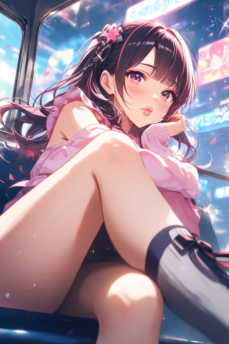 20 years old, Beautiful, Gentle expression, A woman who is, Brown hair, short detailed hair, Bangs together, Brown eyes, light Pink lipstick, Small ribbon hairpins. Short pale pink camisole vest, Pale pink panties. Sit in a chair in an internet café. White cream spilled over her panties. Wear headphones with a microphone, Photo quality, High quality. The smartphone is tucked into panties. She pulled up her camisole .
