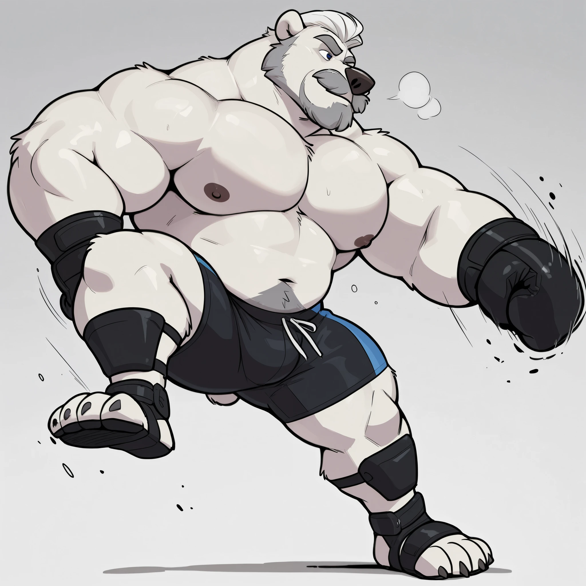 huge muscular polar bear at ZPD's gym, big strength, polar bear, huge white fur, thick arm, huge arm, added thick gray mustache, added thick gray beard. Short white hair, (thick muscular, pectoral, wide pectoral, thick arms), 220cm weight: 254kg, gray eyebrows added, detailed eyes, (wearing black MMA shorts with blue colored slits, MMA gloves, ankle support brace), punching and kicking techniques. Disney animated Zootopia art style