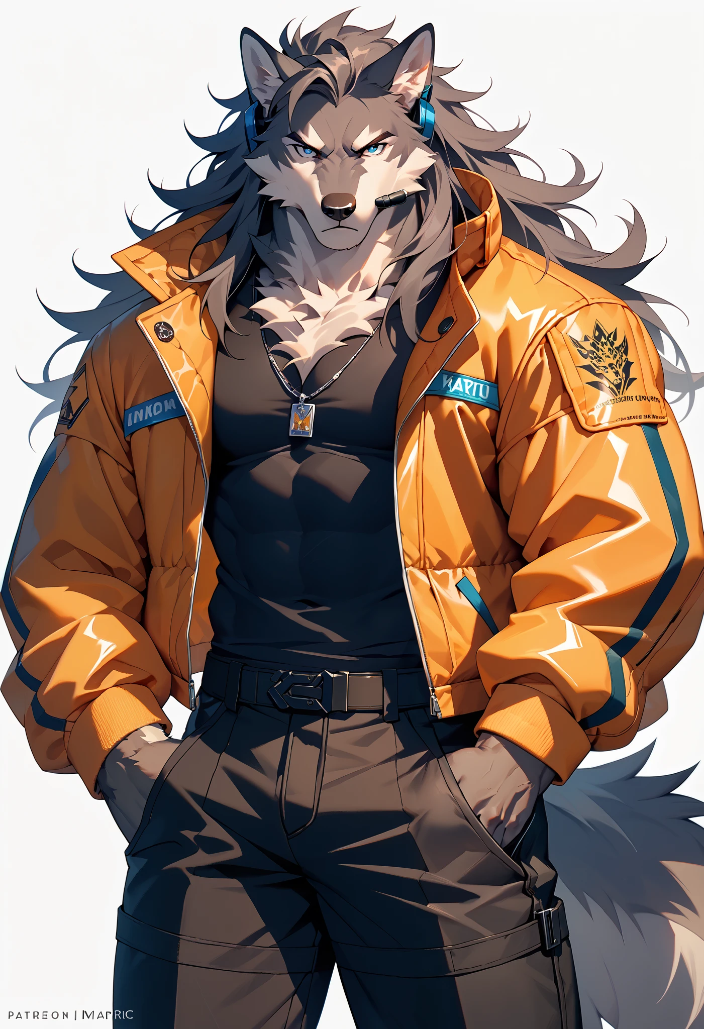 solo, silhouette, shadow of an anthro wolf, tall character, wearing a yellow street jacket, standing, chest-up, (Grey fur, fluffy fur, furry body), serious expression, blue eyes, long hair, simple background, white background, (muscular), yellow jacket, black cargo pants, street pants, masterpiece, headset, pectorals, standing, correct anatomy, correct hands,