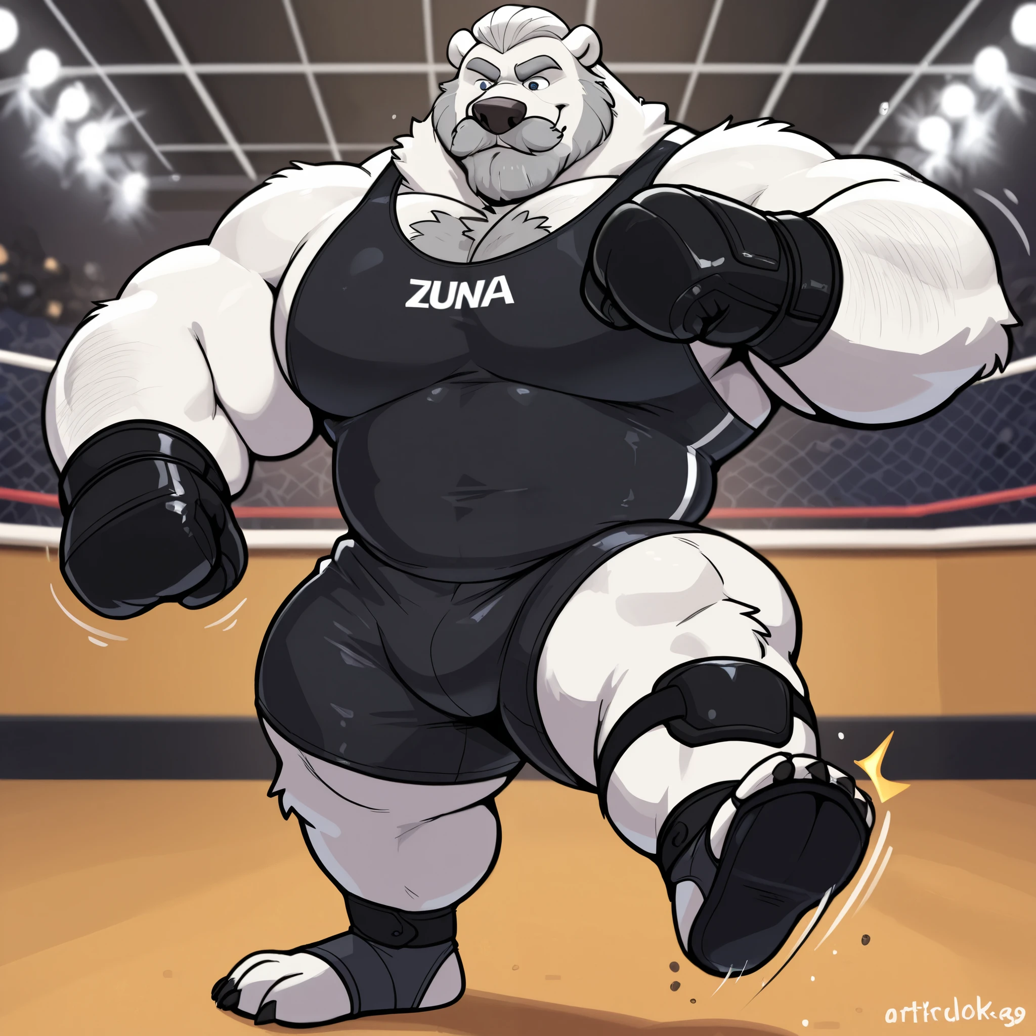 huge muscular polar bear at ZPD's gym, big strength, polar bear, huge white fur, thick arm, huge arm, added thick gray mustache, added thick gray beard. Short white hair, (thick muscular, pectoral, wide pectoral, thick arms), 220cm weight: 254kg, gray eyebrows added, detailed eyes, (wearing black MMA shorts with blue colored slits, MMA gloves, ankle support brace), punching and kicking techniques. Disney animated Zootopia art style