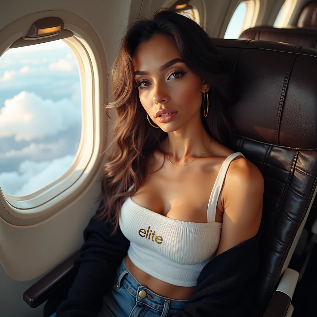Brunette instagram model eith pretty face. In private jet