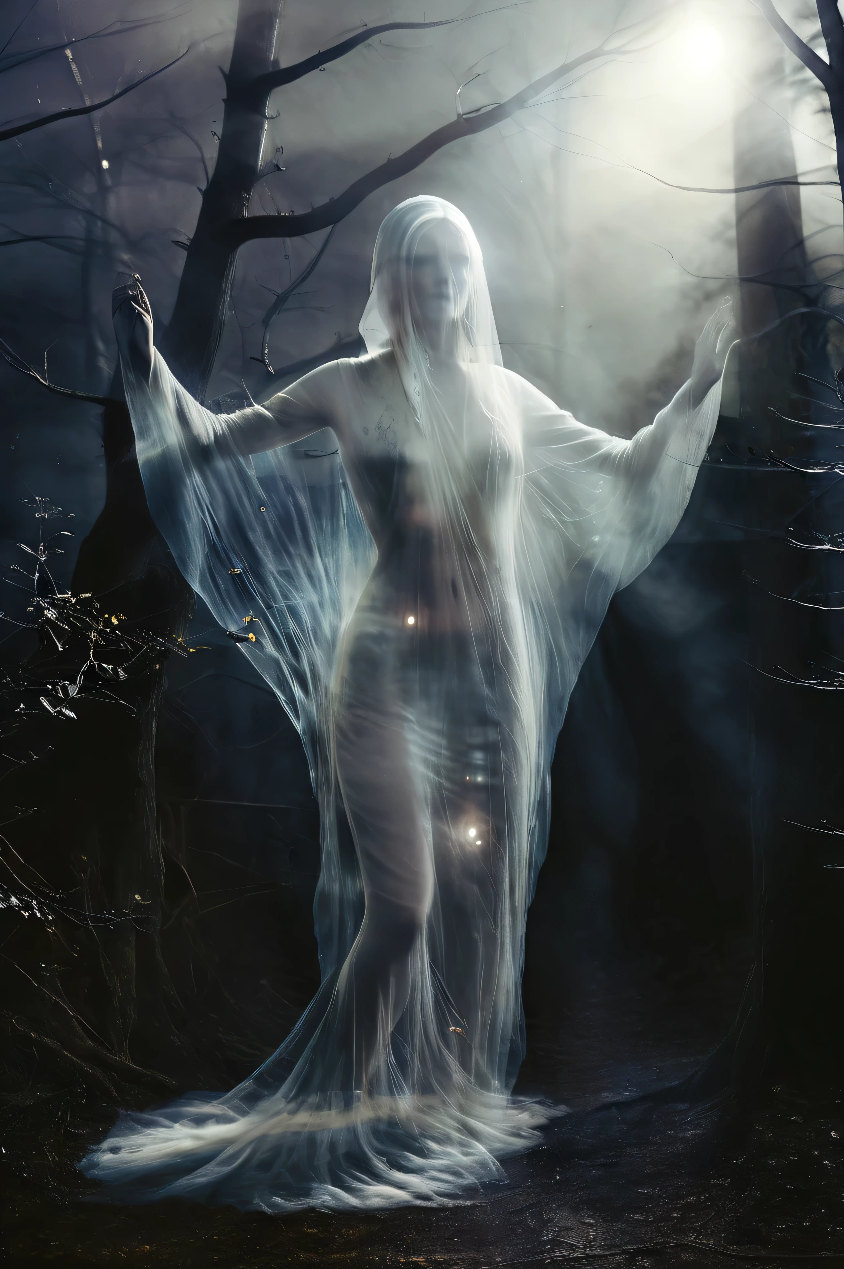 (masterpiece), (8k), (best quality), (sublime), a Ghost, haunting, ethereal, fey, a celestial organism, liminal, death, alive again, wispy, transparent, sentient, pale, nude, blank face, black inside hood, arms up, feminine, body stretched elongated bending and poised, silvery smoke, wispy strands of moon silver, translucent silk, opalescent sky, elongated, poise, exuding enchanting glow, emanating an aura, delicacy, youth, moonlight, night, pure magic, in a dark foggy enchanted Forest (celestial), (lighting), (evocative), (surreal), (unreal), (strange)
