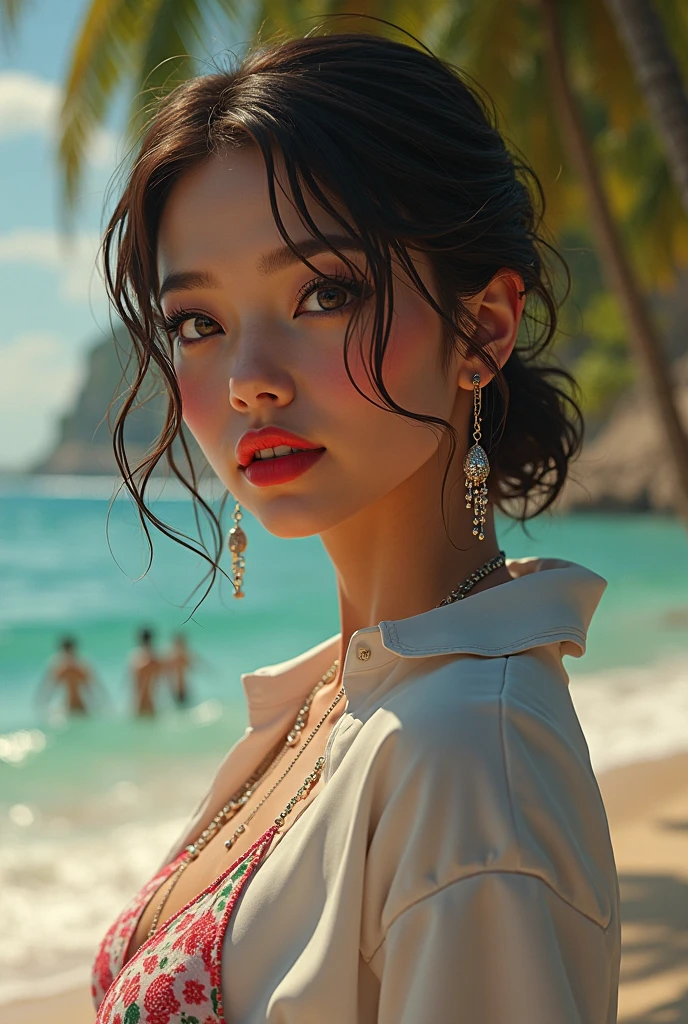 Photorealistic Beautiful black girl,African girl,Thin,Dark skin,Wear formal evening dresses,Have by the sea,Strong gaze,The upper part of the body,Close-up portrait surrealism