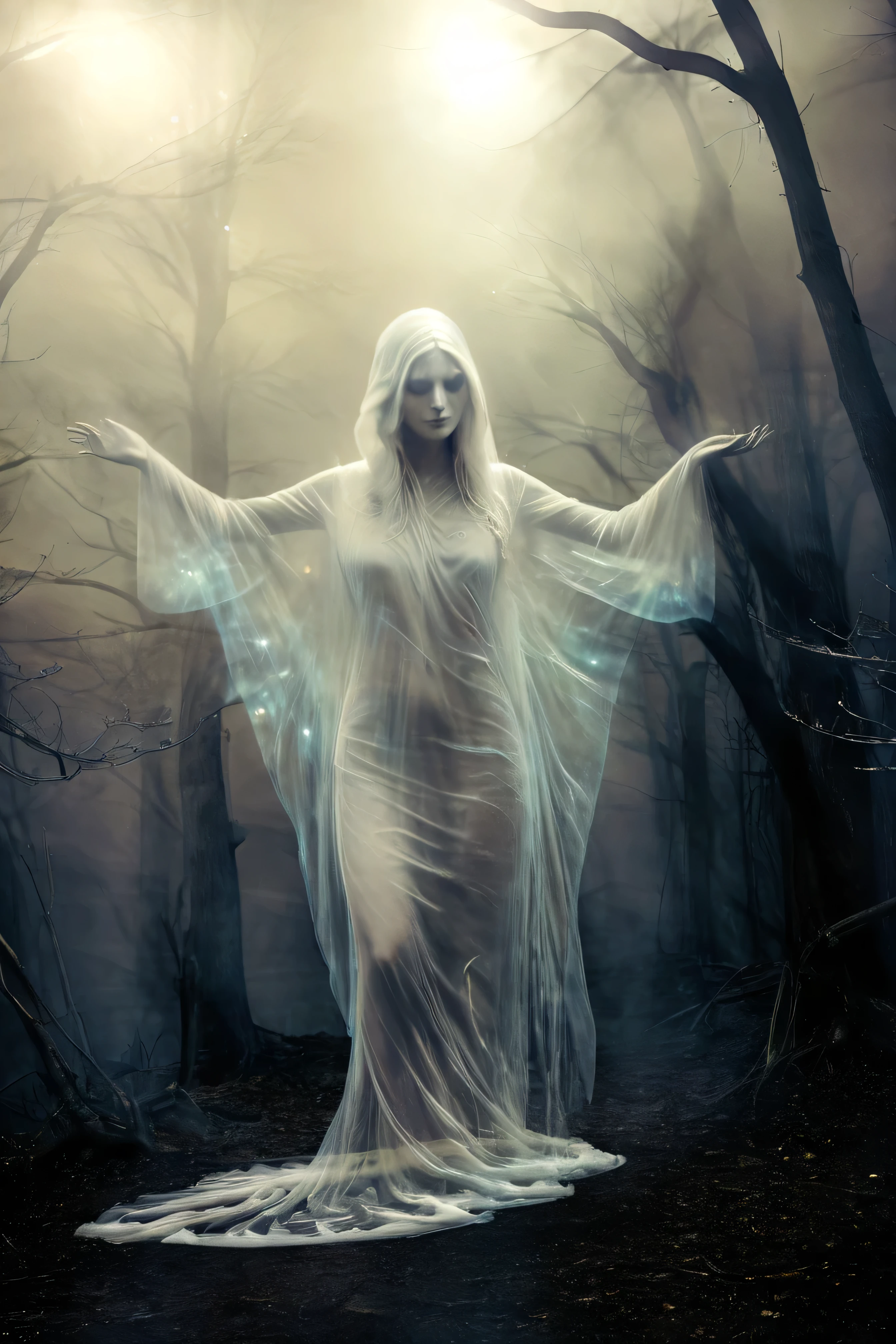 (masterpiece), (8k), (best quality), (sublime), a Ghost, haunting, ethereal, fey, a celestial organism, liminal, death, alive again, wispy, transparent, sentient, pale, nude, blank face, black inside hood, arms up, feminine, body stretched elongated bending and poised, silvery smoke, wispy strands of moon silver, translucent silk, opalescent sky, elongated, poise, exuding enchanting glow, emanating an aura, delicacy, youth, moonlight, night, pure magic, in a dark foggy enchanted Forest (celestial), (lighting), (evocative), (surreal), (unreal), (strange)