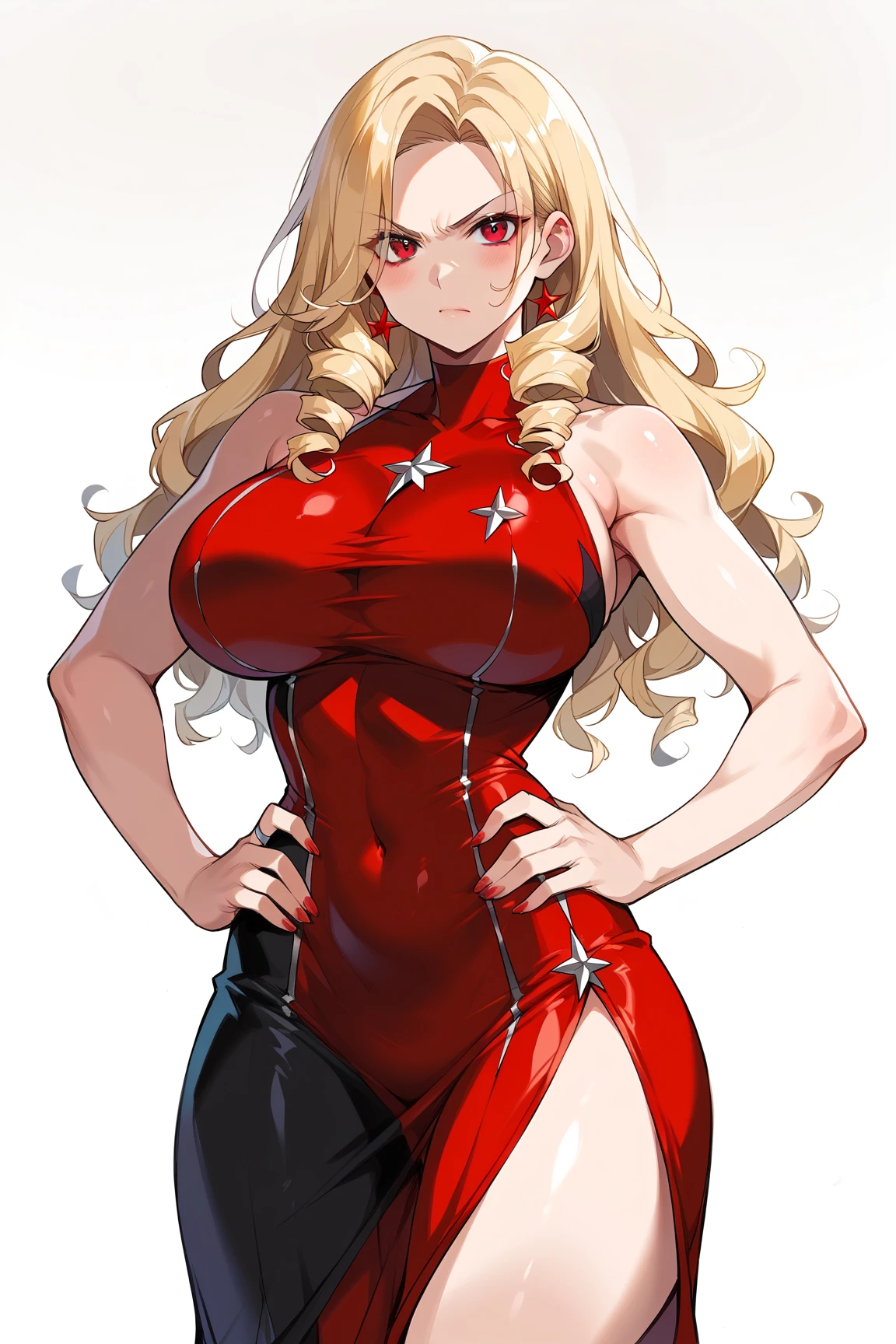 masterpiece, best quality, 1girl, (((gold city \(umamusume))\))), beautiful face, beautiful hair, (((lovely big eyes))),(((cute smile, happy)), (((saggy medium breasts))), ((hanging breasts)), (((erect nipples))), ((puffy nipples)), (((large areolae, covered nipples))), (((breasts apart))), (((slim body))), night, city, city lights, neon lights, shop, mature female, ((((sexy)))), standing, ((((red sexy dress)))), (((latex,))) ((jewelry)), (((very humid sweaty))), (((shiny skin))), (((sweat))),((full body)),