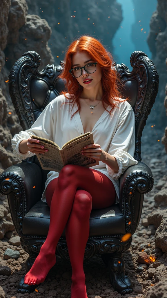 full body photo, beautiful redhead, 25 years old, hourglass body type, wearing a black pencil dress, black Christian Louboutin shoes, she is reading a book and is sitting in a beautiful chair in an old library, ultra realistic photography, studio photography, 32k, ultra quality