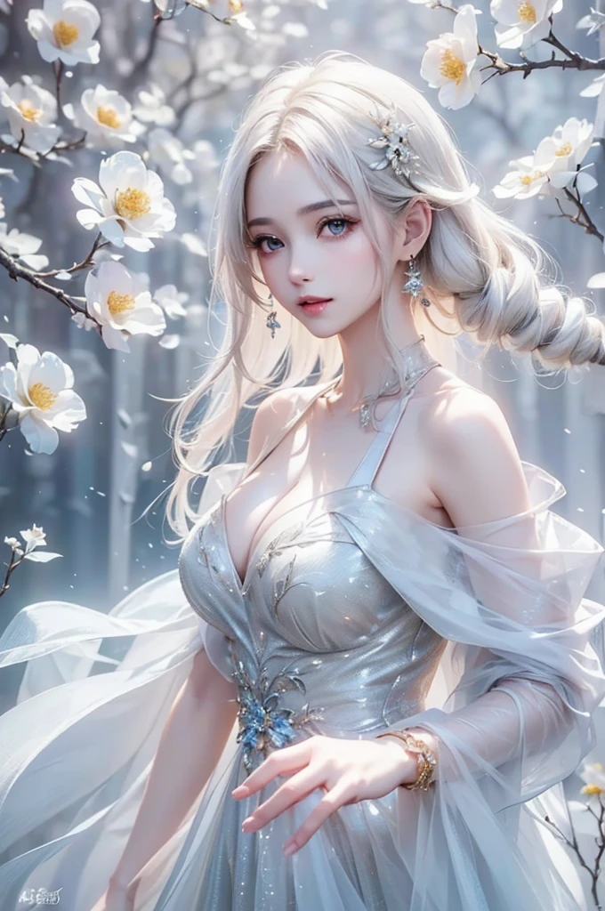 Girl with long white hair and flower dress,Digital art inspired by Ai Xuan,CGSoation trend,Fantasyart,((beautiful fantasy empress)),EtherealBeauty,beautiful fantasy empress,8K high quality detail art,Beautiful fantasy anime,Ethereal fantasy,beautiful youth spirit,guweiz,cgstation trend ((High quality transparent silk))