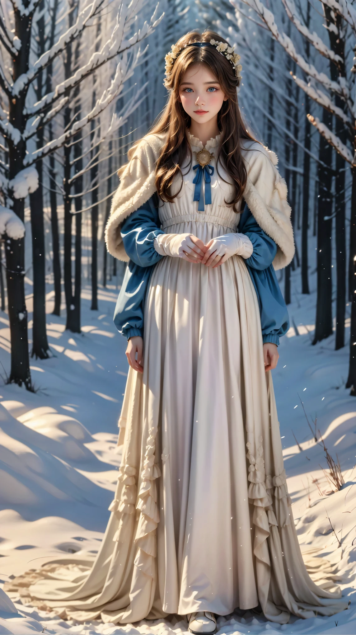 ren, Very long blond hair, blue eyes, beautiful colorful beautiful white long winter medieval dress with layers and embroidery, winter jacket, flower accessories on the head, white gloves, white fur collar, masterpiece, better quality, NATURAL, beautiful, ish, , lovely, winter forest , snow time, full body image, masterpiece, better quality, front view, dreamlike enchanter, belle, PERSEPHONE