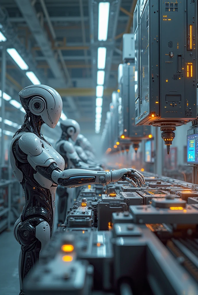 create an image of a machine, and this image shows several robots being created by the same person lined up 