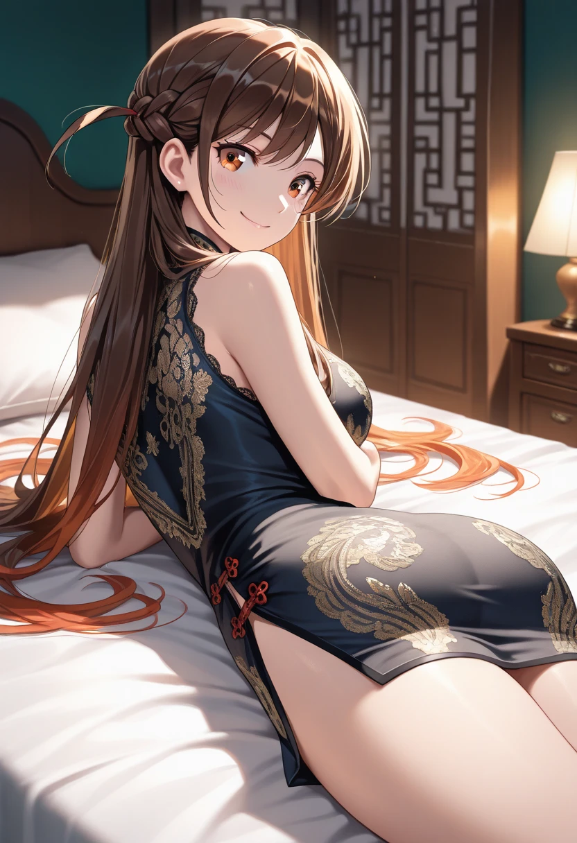 Satono Diamond\(umamusume\), highest quality、masterpiece、Ultra-high resolution、、Anime 2D Rendering, Realistic young anime woman,  Beautiful body, Beautiful thighs, Beautiful feet, White beautiful skin、 ((China dress:1.4)、(garter belt、Black knee-high stockings)、(Black High Heels))、 smile、Face towards the viewer、(whole body、Lying in bed)