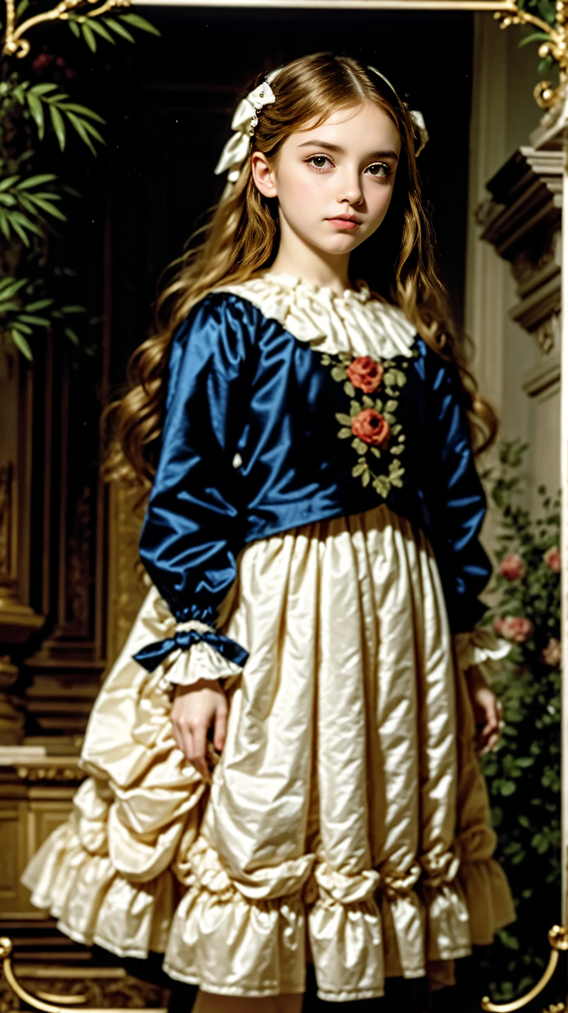 The great hall of a 19th century aristocratic mansion、Pale-toned watercolor painting of a teenage girl