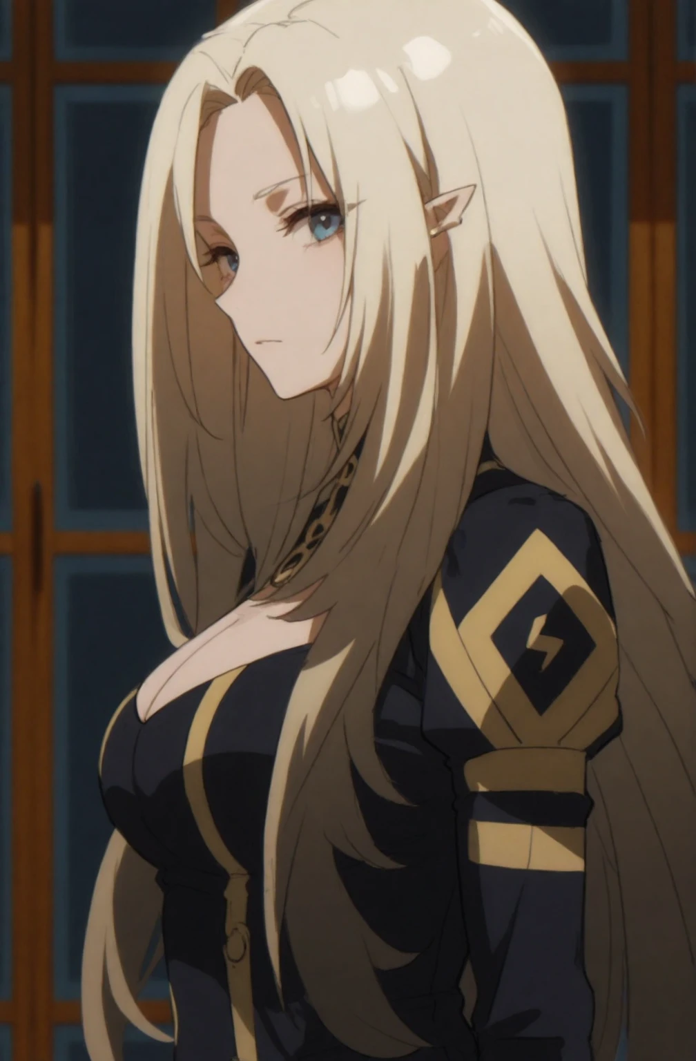 1 girl, golden hair, elf, white skin, in a black slime suit, at night, with a full moon, with a sword, beautiful, majestic, 4k, good body