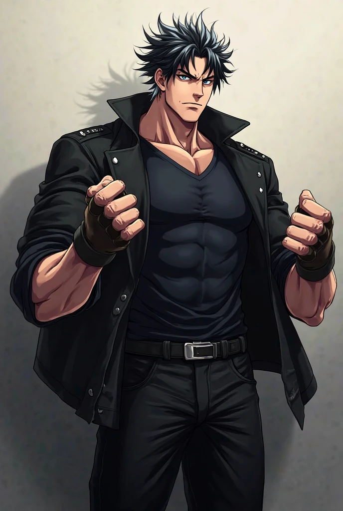 ((masterpiece, best quality)),(illustration),(detailedlight),((anextremelydelicateandbeautiful)),a leather brown jacket with fur collar, black tank top, dark grey pants with chained belts and shoes, smiling, black anime short length hair, handsome

He's a asian male that stands at 6'1"ft, 180lbs.

Has a atheltic build with some of muscle, 6 pack abs, dark brown hair, orange eyes, faded haircut, has large hair bangs going down the right side of his face

