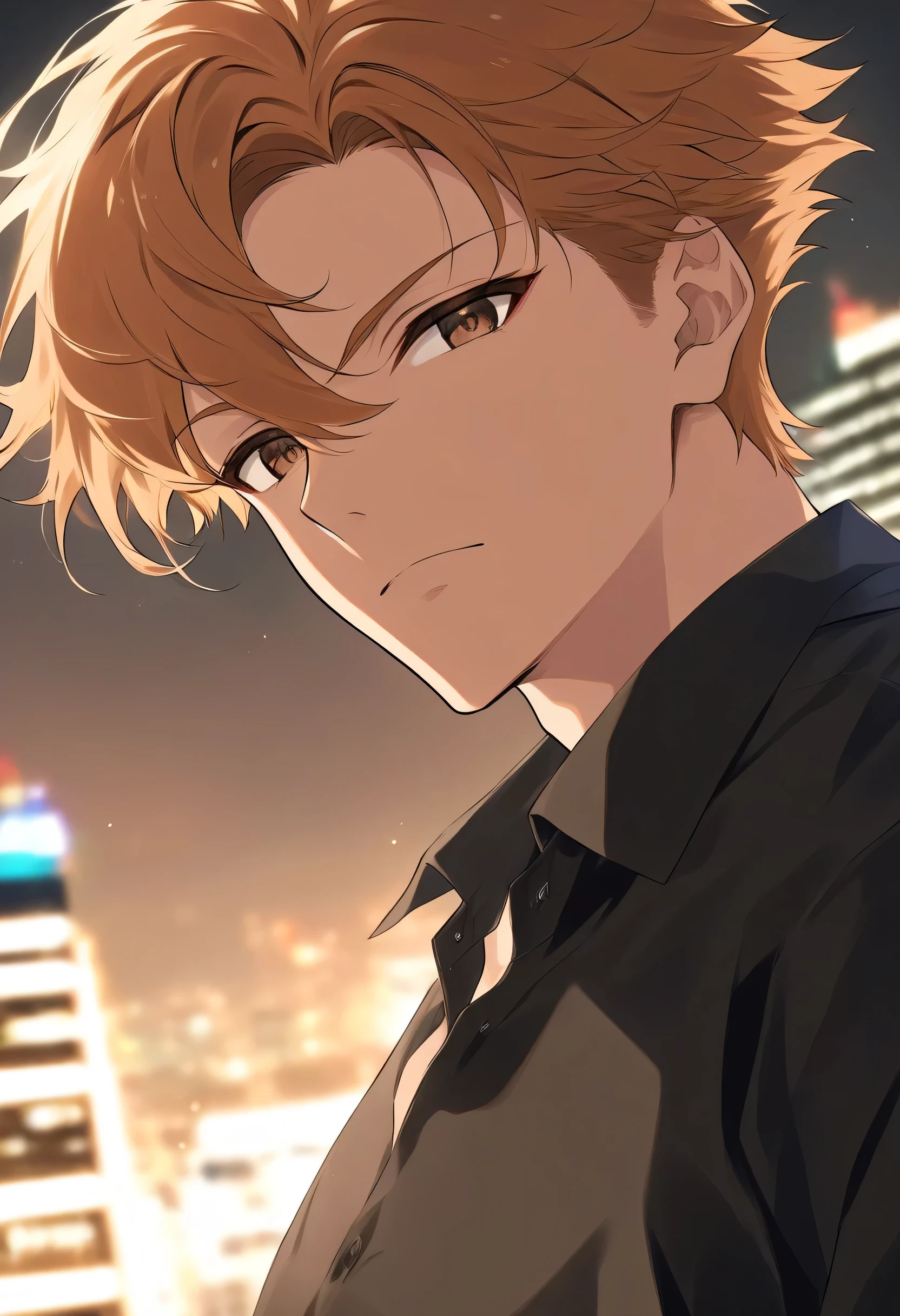 {{score_9, score_8_up, score_7_up}} Male + ginger hair + brown eyes + black dress shirt + city background + solo + face shot