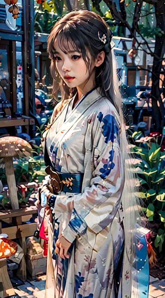 super realistic, very detailed, High resolution 16K images, The ghost or guardian spirit of a beautiful woman . she says 、I have bright gray hair and translucent skin, and、I'm dressed in a traditional Japanese kimono with a small red cherry blossom pattern on the belt. This image、captures the graceful beauty and mystery of the spiritual world . This style is delicate, The soft aesthetics seen in traditional Japanese art .