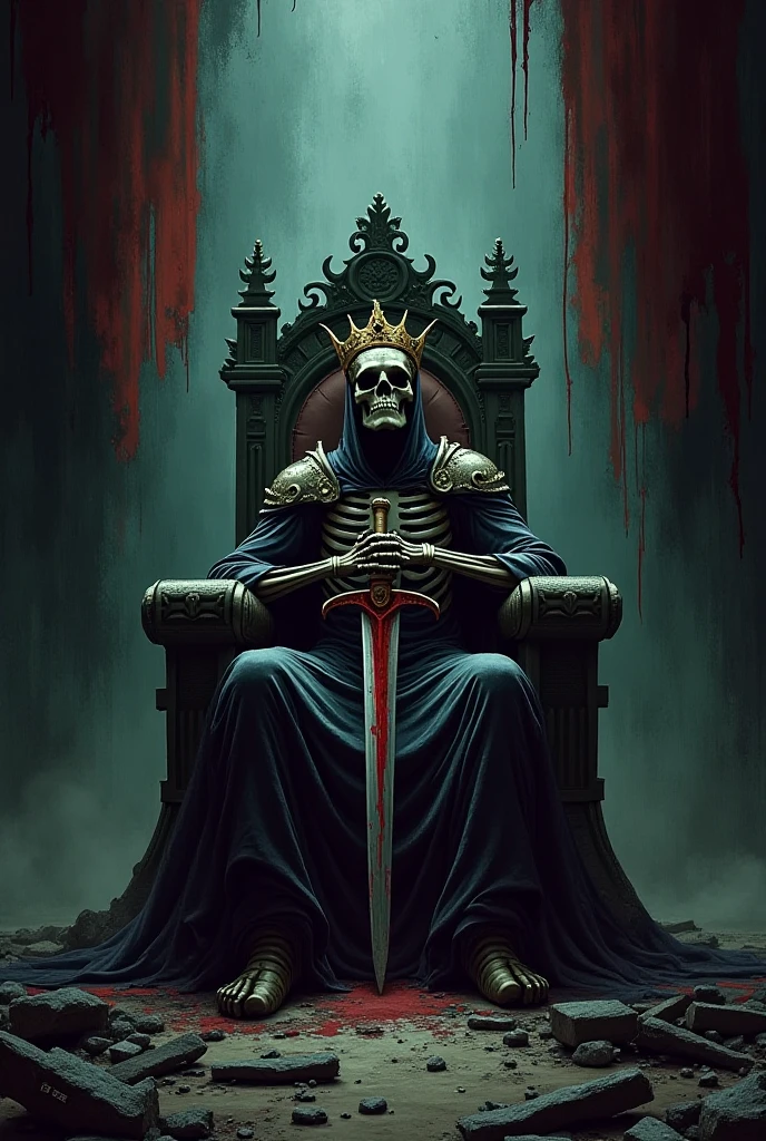 Black skull crowned like a medieval crown, sitting on a throne holding a sword
