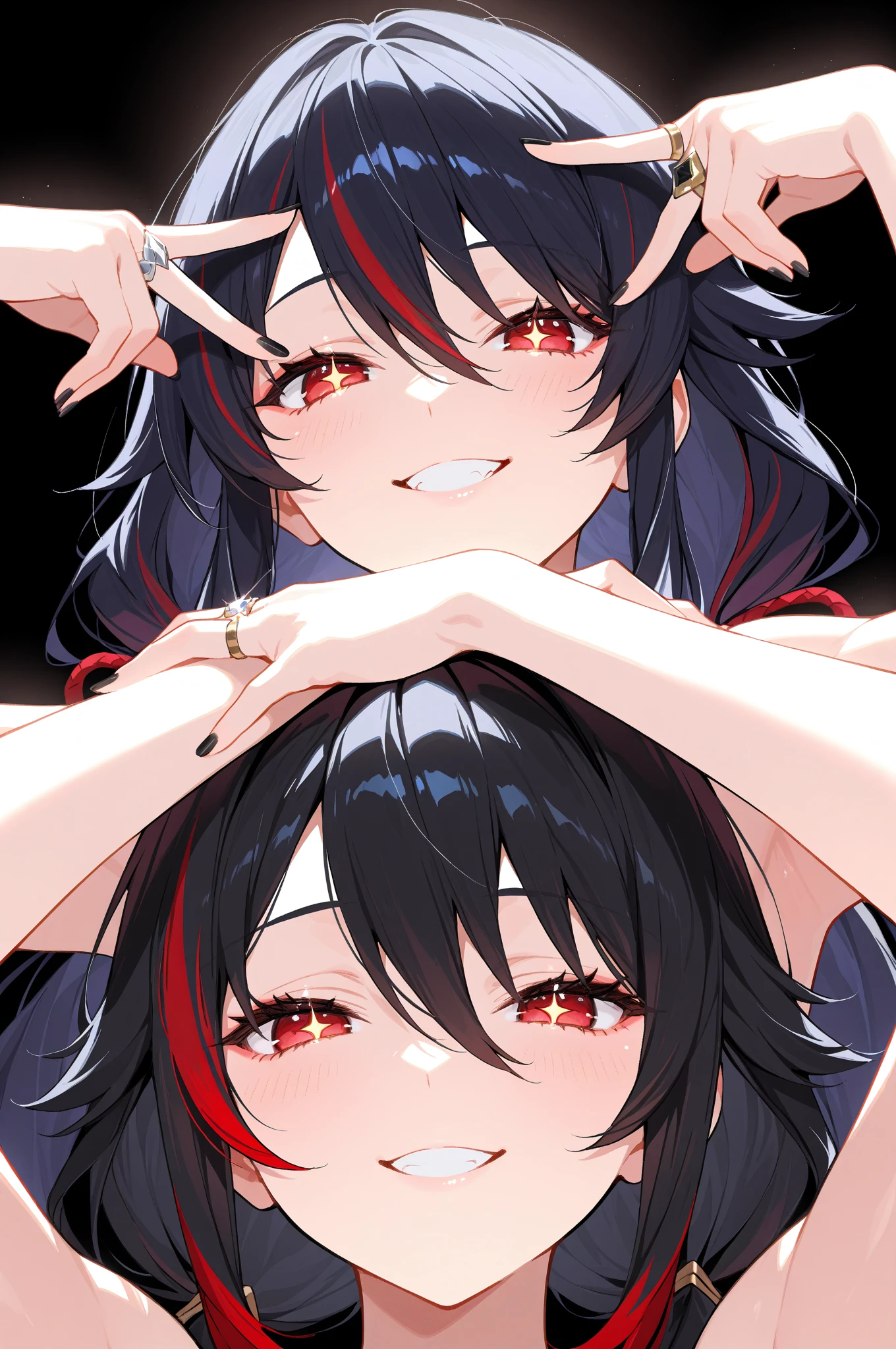high tail hairstyle, Ponytail hairstyle, Long wavy black hair, standing posing, anime girl style, pixel art anime style,penetrating look with deep eyes,red and purple eyes, hair with a ponytail hairstyle trapped with a big red bun, Women, red hair clips, x color shaped hair clips , smiling face blush,