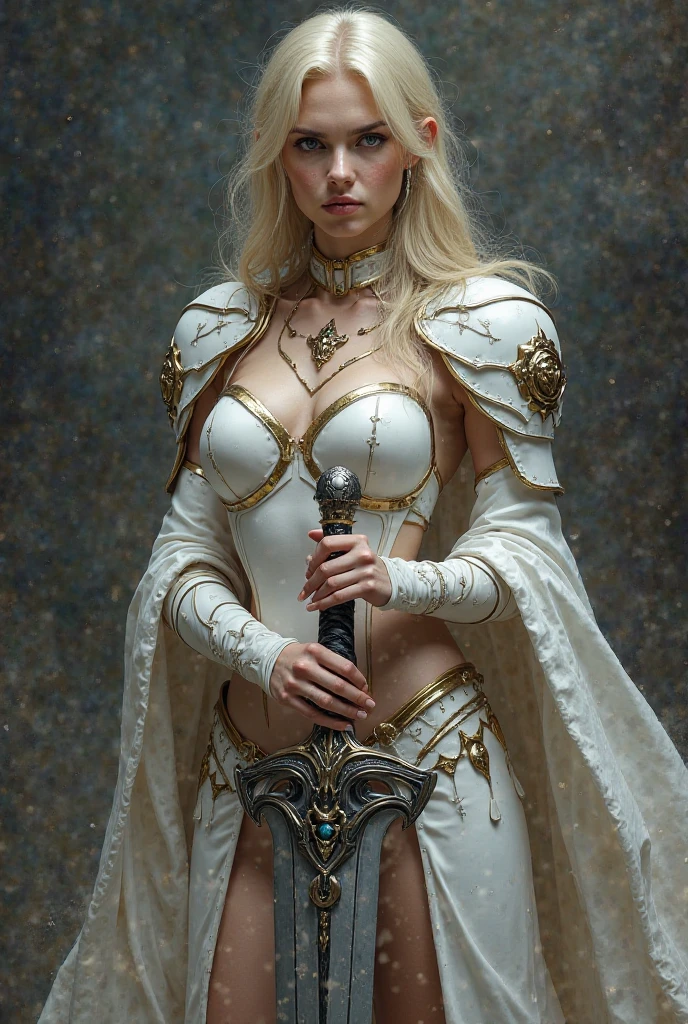 Ultimate beauty of a goddess, best looks, most beautiful body, white & goldingerie armor, wielding a sword (gothic style:1.2) . mysterious, haunting, dramatic, (minimal, ornate), aesthetic, eerily beautiful, dark surrealism, best quality