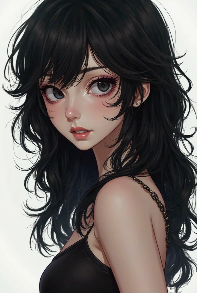 Amazing portrait of a sexy woman with a beautiful face emphasised by amazing makeup and black hair and seductive eyes in an intense gaze with her mouth parted and a deep blush on her face as she's flustered wearing an off shoulder t shirt