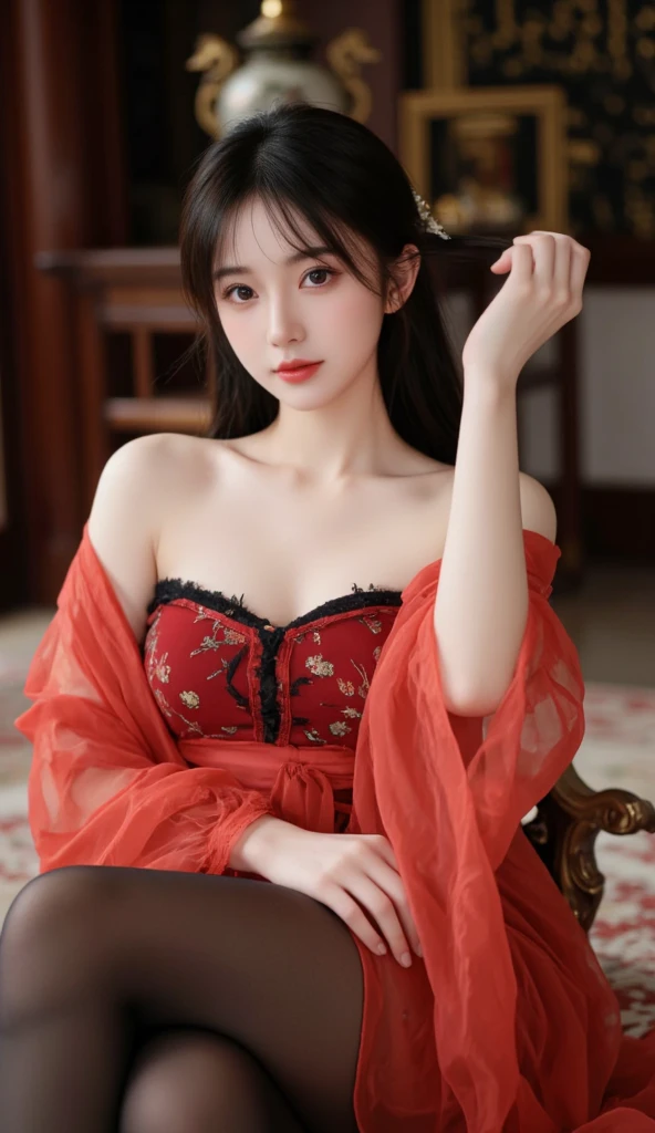 Diffuse lighting、 Highest quality, High resolution, unity 8k wallpaper、Supersaturation, Colorful, 8k resolution, 1 female、Japanese、23 years old、Close-up portrait、Red silk underwear，Red underwear、smile、Mature、Adult women、Upper body close-up、、Open your mouth、Watery eyes、Blushing、midnight、Sitting on a bed covered with flower petals、Sitting on the floor、Fantasy、mysterious、Woman with a Fan,  Onmyoji、Spirit medium、
