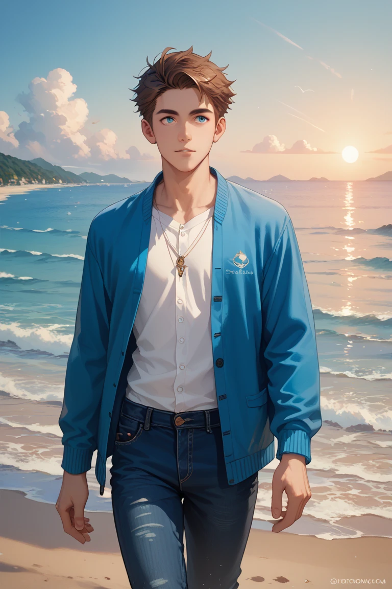 (absurdres, highres, ultra detailed), masterpiece, best quality, a boy topless, beach, casual clothes, sunny sky and cloud,