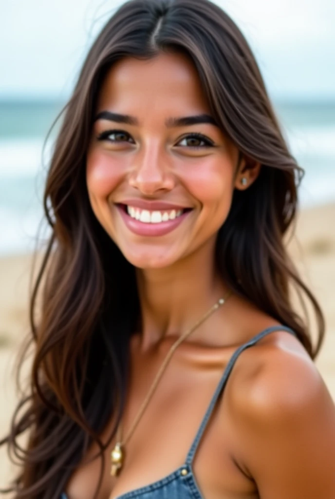 22-year-old woman, dark brown curly hair, brown skin color, dark brown eyes, smiling, Travel clothes, Brazilian-Cornish, 8k, detailed eyes, detailed mouth, detailed teeth