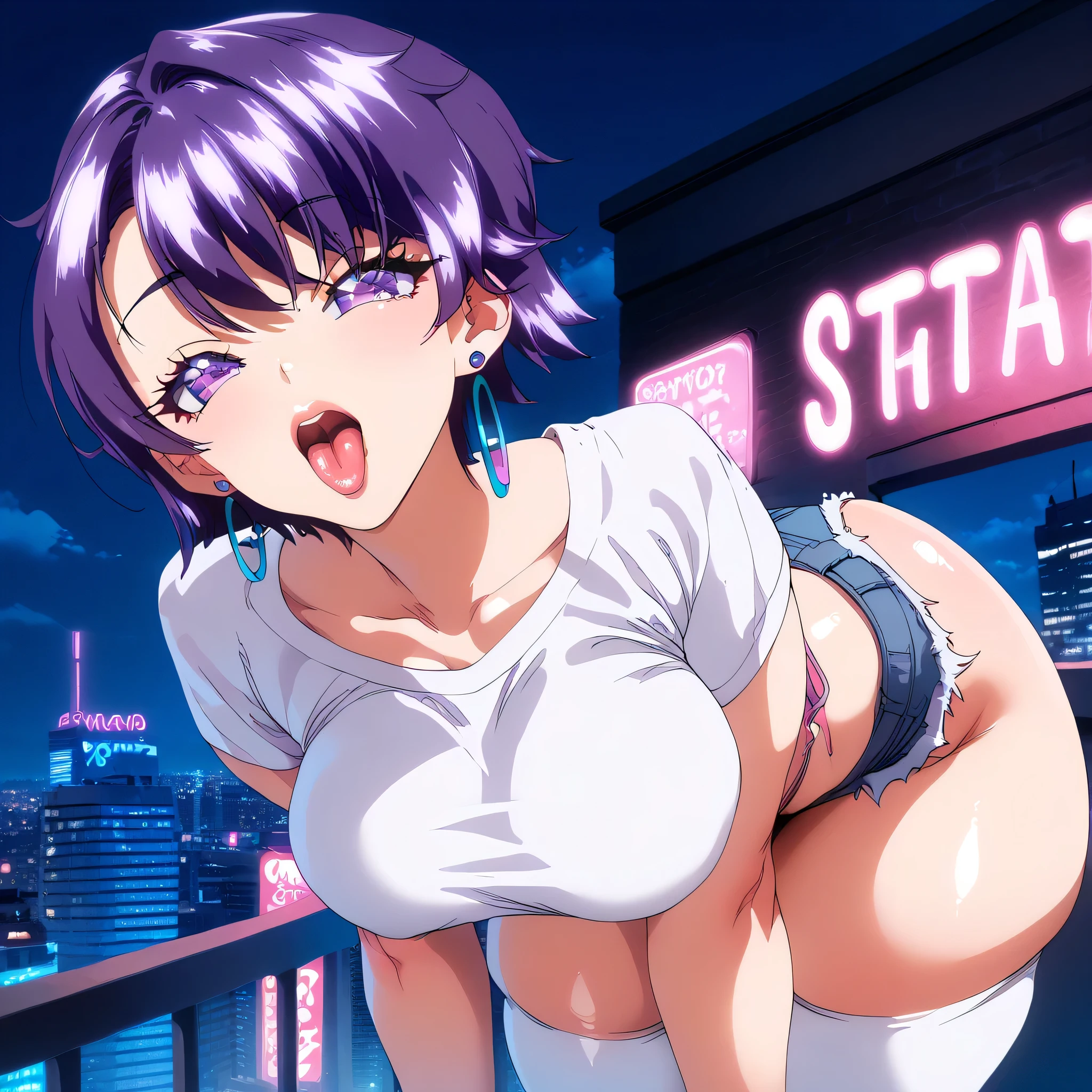 Not suitable for work, perfectly face , 1 female, short purple hair, blue high-waisted shorts, sleeveless top with thin straps in pink, perfect face, perfect purple eyes, round face, ear piercings , hoop earrings, tongue out, with your mouth wide open, pursed lips, city rooftop, night time, Neon lights, Perfect big breasts, tall white stockings, Really colorful background, extremely thick thighs, extremely fat ass, The fattest butt in the world, leaning forward, vista frontal, shiny skin, leaning forward, sensual way