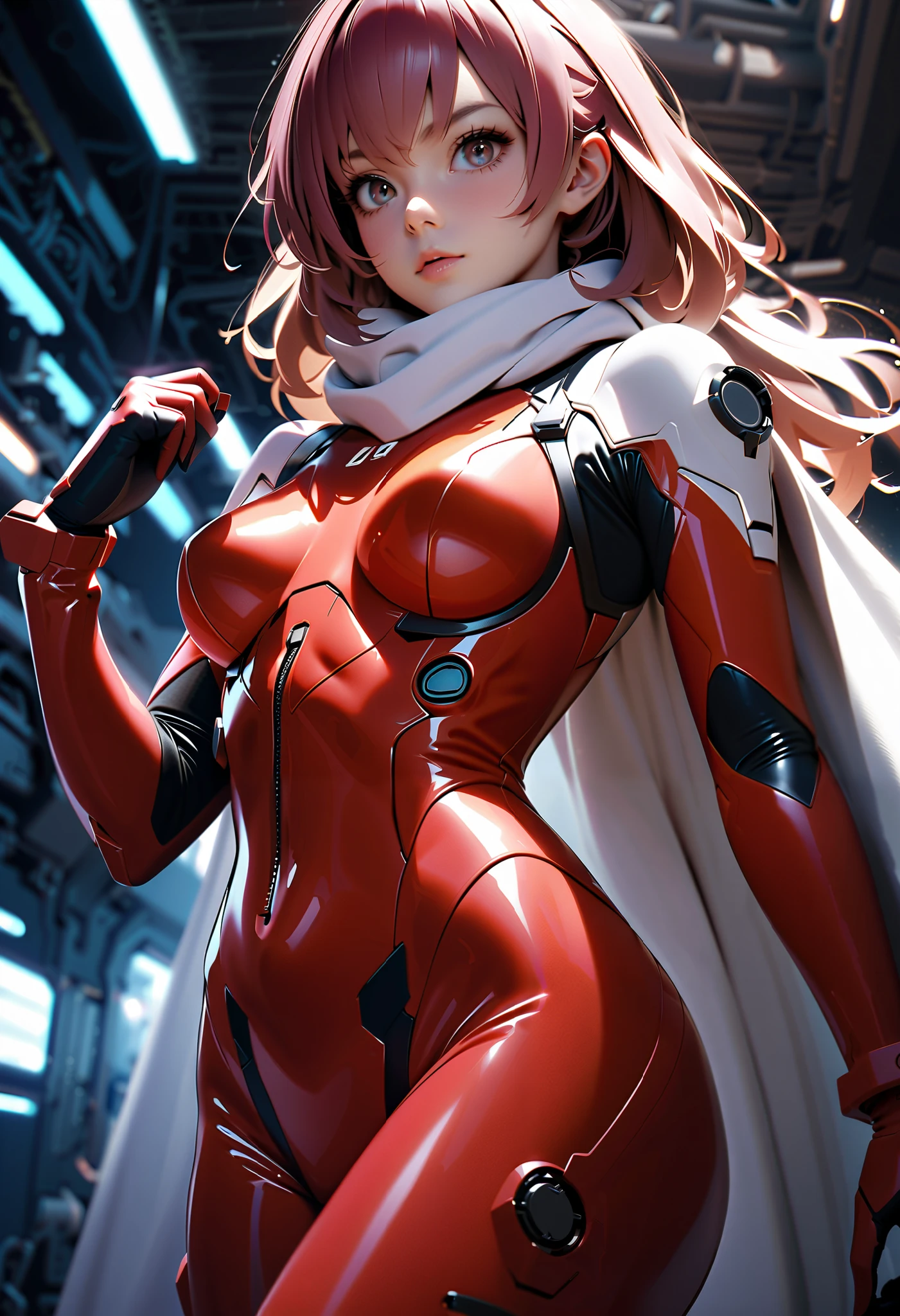 hyperrealistic masterpiece, Super heroi girl ((mech sci-fi aesthetic style)) in extremely detailed tech tight plugsuit ((with scarf & white cape)), cinematic illumination: 8k