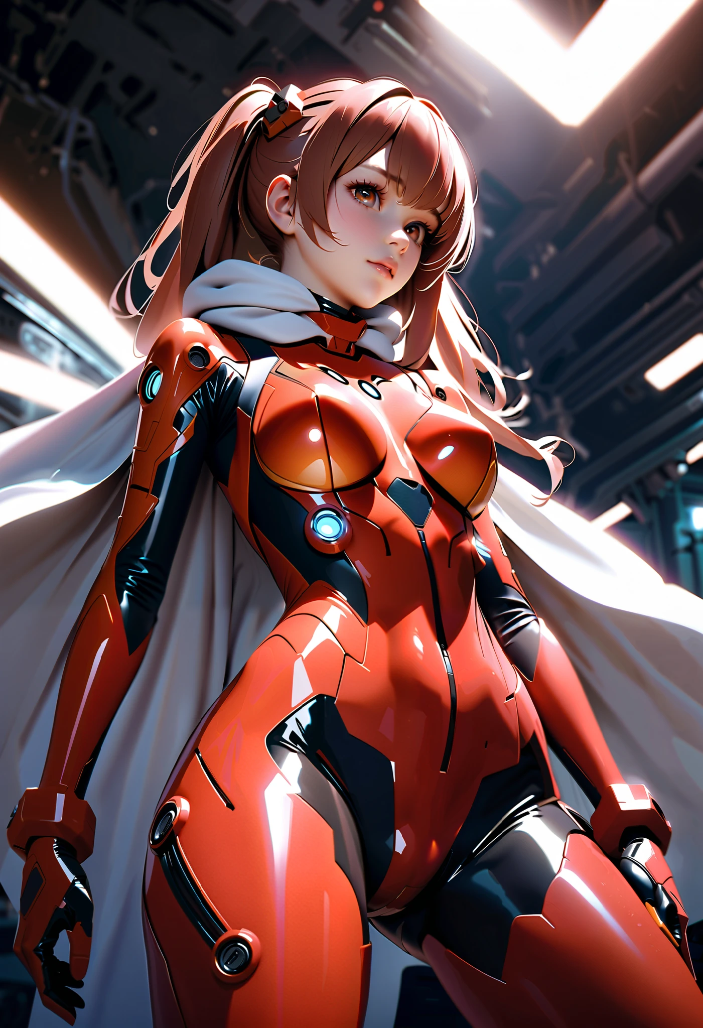 hyperrealistic masterpiece, Super heroi girl ((mech sci-fi aesthetic style)) in extremely detailed tech tight plugsuit ((with scarf & white cape)), cinematic illumination: 8k