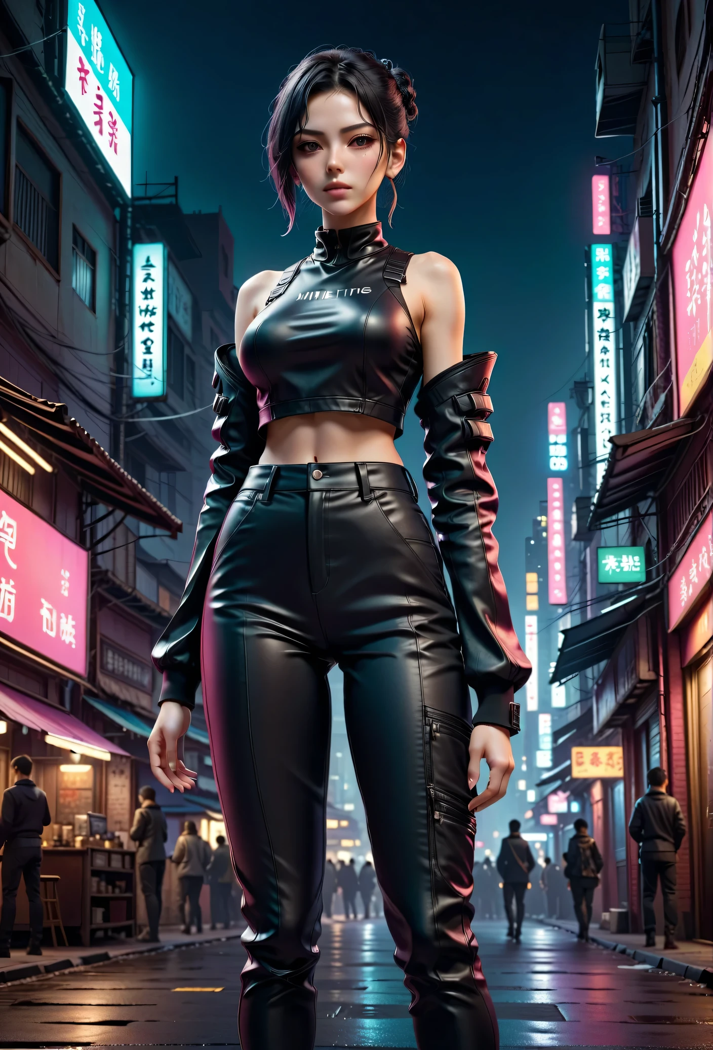 ((Best quality)), ((masterpiece)), (highly detailed:1.3), .... 3D, beautiful (cyberpunk:1.3) , Stylish woman looking at camera, black pants, black t-shirt, big breasts and slender body