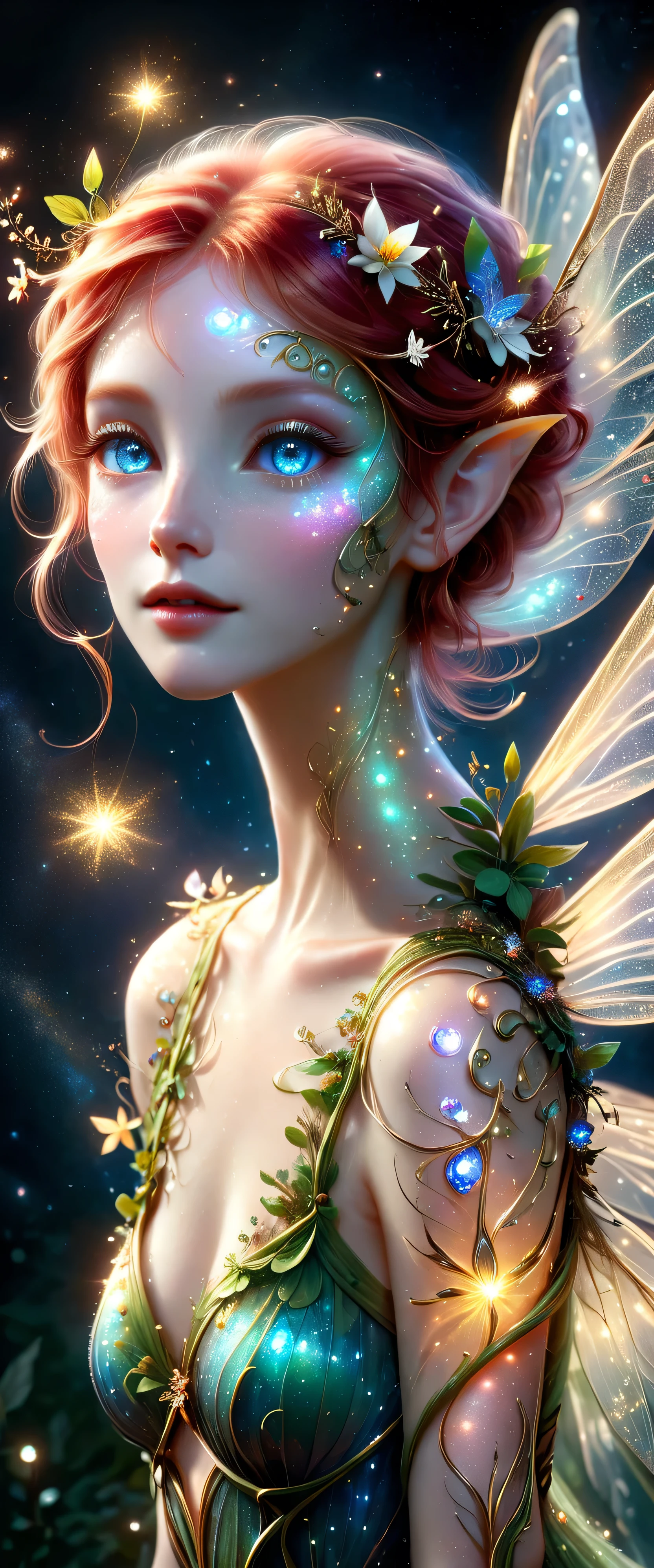 (masterpiece), (8k), (best quality), (sublime), faerie, fairy, fey, a celestial organism, wispy, opaque, sentient, pale skin, body stretched elongated and poised, like the stem of a flower, looking upwards, short red hair like wispy strands of gold in the sun, opalescent clothes of translucent petals, transparent silk, blue eyes sparkling with stars in a nebula, pointed elfin ears, elongated, poise, delicate translucent dragonfly wings, exuding enchanting glow, emanating an aura, delicacy, youth, moonlight, pure magic, (celestial), (lighting), (evocative), (surreal), (unreal), (strange)