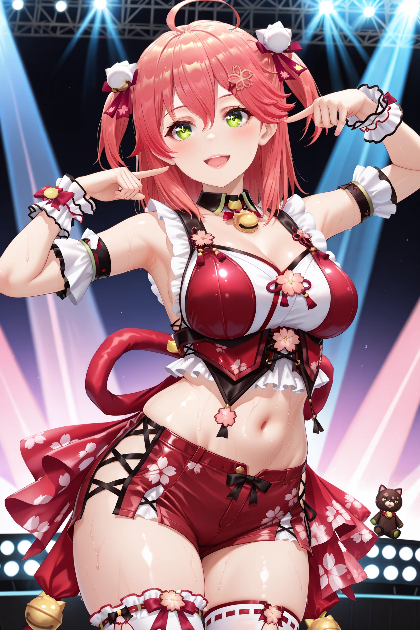 (Sakura miko, MikoIdol, medium hair, two side up, pom pom hair ornament, black choker, neck bell, red tubetop, red shorts, midriff, white thighhighs, wrist cuffs, sleeveless),(1girl, solo, big breasts, hollowed stomach, sweat,Live stage,dance posing,smile,open mouth,looking me,close one eye),
(model-thin proportion:1.2, ethereally slender, paper-thin waist, bony, underweight),
(detailed eyes, shiny eyes, doe eyes, sparkling eyes,long eyelashes, fluttering lashes),
(detailed face, doll-like face, youthful beauty, sweet expression),
(detailed lips, plump lips, glossy lips),
(detailed skin, flawless skin, soft glow skin),
(masterpiece, hyper-realistic, ultra-detailed, high-resolution, sharp focus, dynamic lighting, depth of field, rich textures),
(vibrant tones, deep shadows, luminous highlights, neon glow),
(soft glow, natural light, cinematic lighting, high contrast, illuminated)