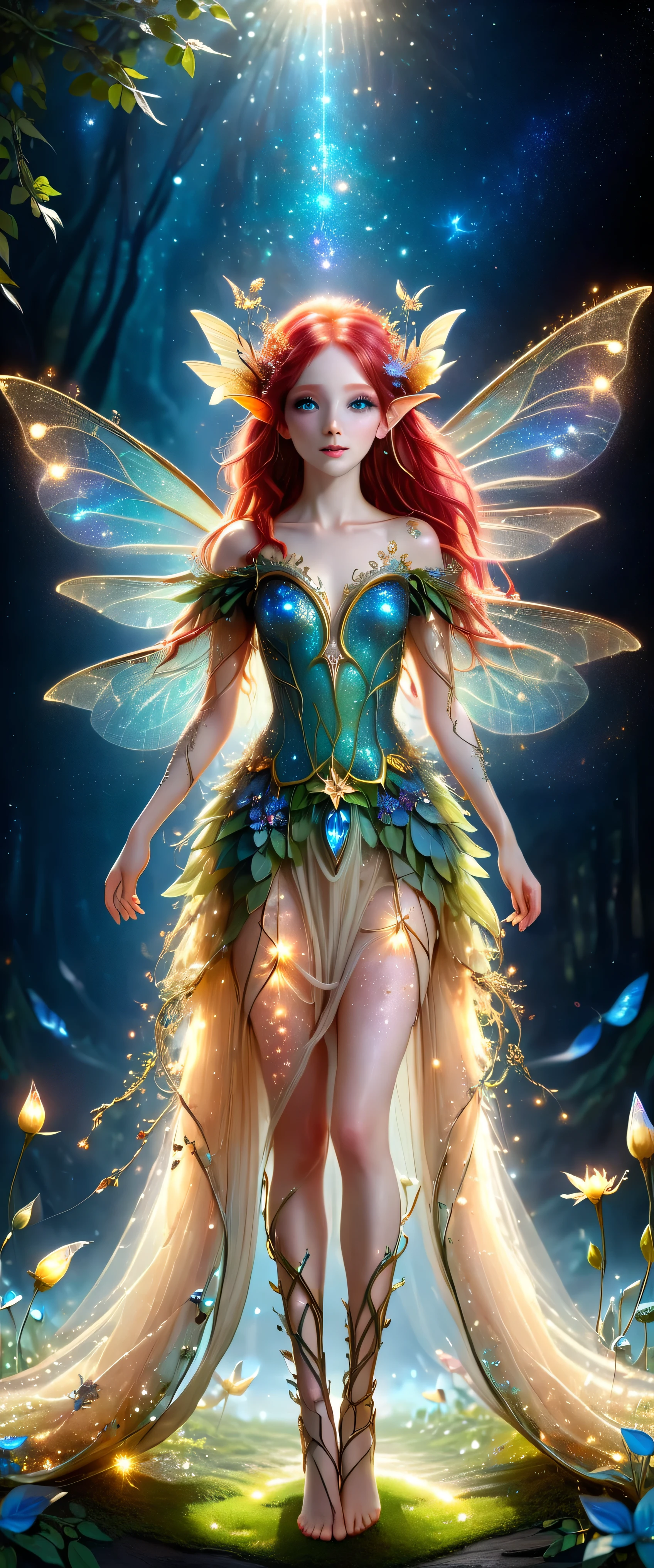 (masterpiece), (8k), (best quality), faerie, fairy, full body view, fey, emanating an aura, delicacy, youth, pale skin, red hair like strands of gold in the sun, clothes of woven flower petals, blue eyes sparkling with stars in a nebula, pointed elfin ears, elongated, poise, delicate translucent dragonfly wings, exuding enchanting glow, lighting, pure magic, celestial appearance, moonlight, evocative, surreal, unreal, strange