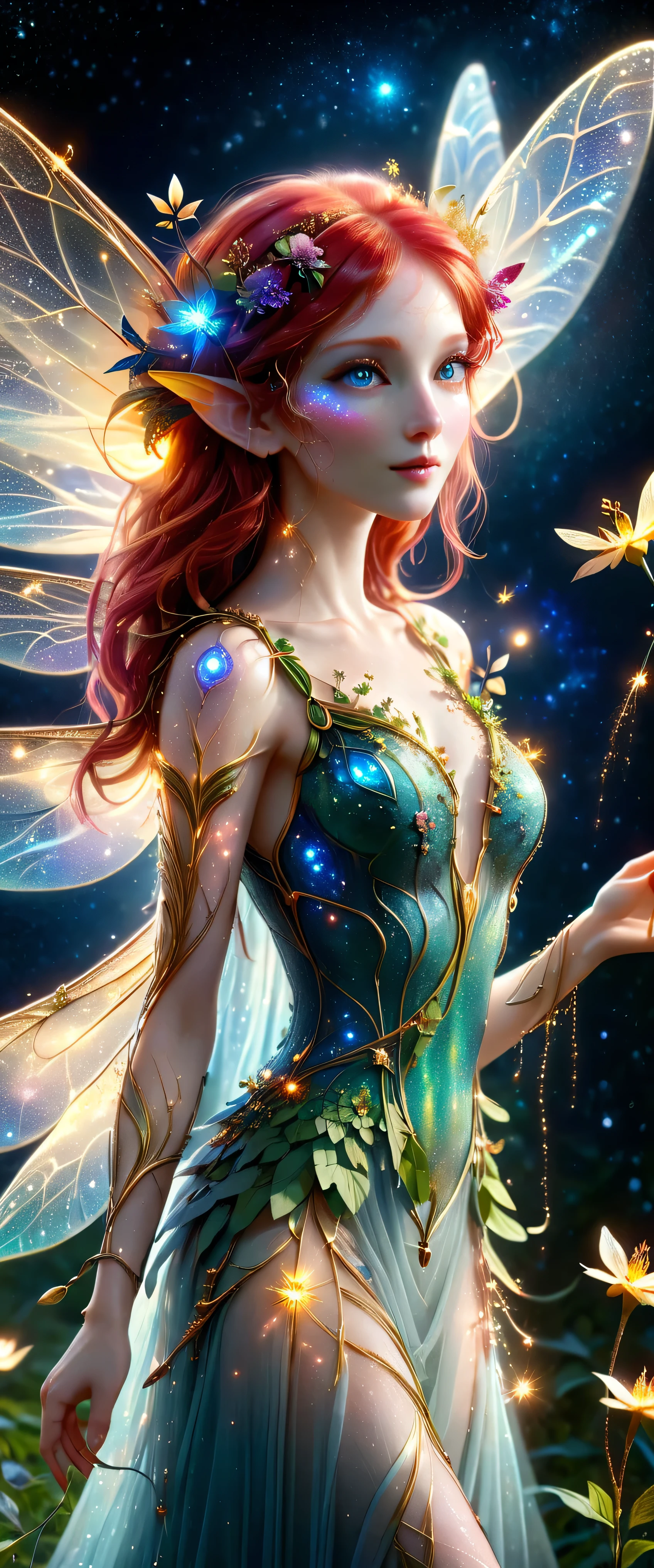 (masterpiece), (8k), (best quality), faerie, fairy, full body view, fey, emanating an aura, delicacy, youth, pale skin, red hair like strands of gold in the sun, clothes of woven flower petals, blue eyes sparkling with stars in a nebula, pointed elfin ears, elongated, poise, delicate translucent dragonfly wings, exuding enchanting glow, lighting, pure magic, celestial appearance, moonlight, evocative, surreal, unreal, strange