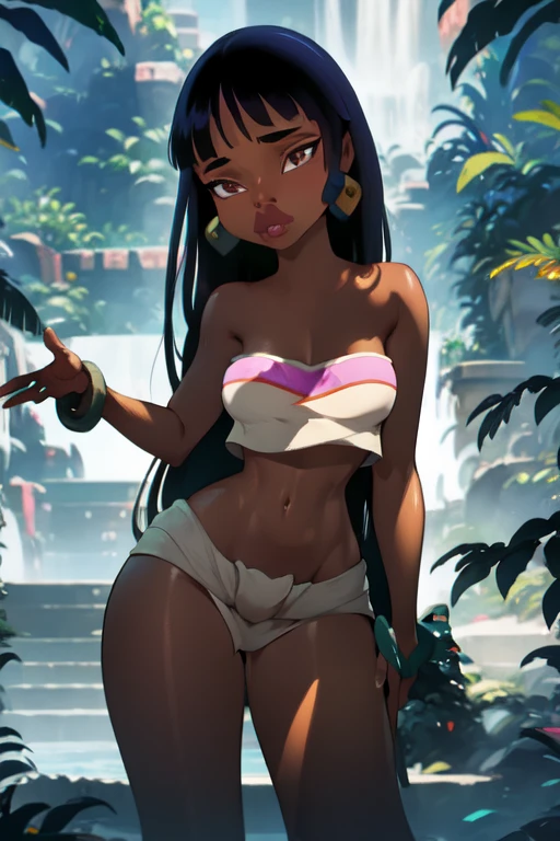 (masterpiece, best quality:1.2), 1girl, solo, chel_eldorado, cartoon, disney style, disney, young body, dark skin, tube top, loin cloth bottom, wearing white lingerie underneath, soaking wet, reflective skin, small nice breasts, wide eyes, looking at viewer, transparent clothes, collar, stockings, wet clothing, loin cloth, skin tight, choker, garter belt, standing, absurdly long hair, very long hair, bangs, (blunt bangs:1.1), lips, earrings, black eyes, brown eyes, dark-skinned female, outdoors, jungle (detailed, highres:1.2) disney animation style, clean details, soft features