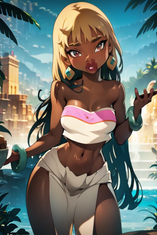 "In the vibrant heart of Zara's royal palace, Naila of Zara, a radiant princess with (((short white hair))) and (((dark skin))), swims joyfully in a lush, tropical pool. The pool is surrounded by vibrant flowers, tall palm trees, and intricate wooden carvings, reflecting the rich cultural heritage of Zara. Naila wears a colorful bikini made of handwoven fabrics with intricate beadwork and tribal patterns, showcasing the kingdom's traditional craftsmanship,(((back view))),(((Photo taken from below))),