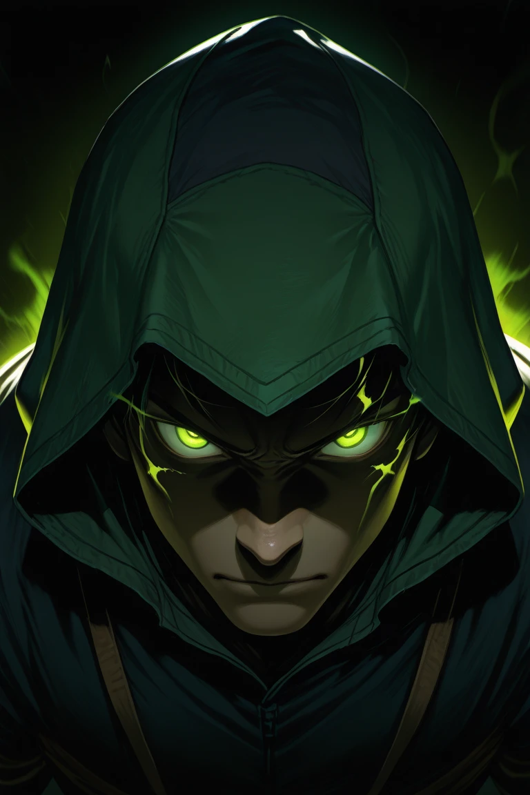 Human man in green hood, with mysterious and dark face, eyes with radiant green lights, luminous scenery in the background,naked