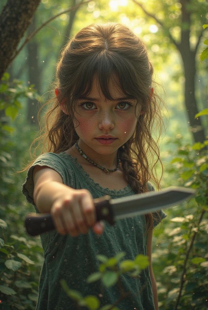 Blonde hair, girl, age 9, in woods, moon in background, scratches on face, jagged teeth, taunting, blood behind, holding knife, wearing  tattered t-shirt.