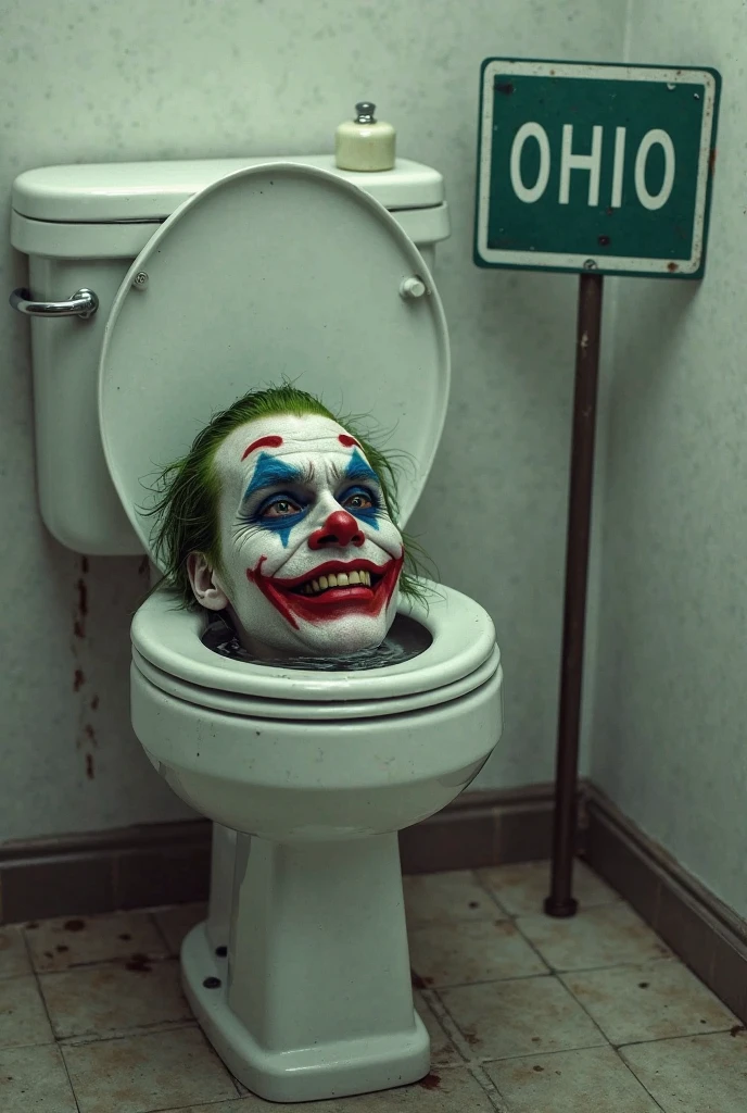 Create a DC Joker style bathroom, verse and purple colors, put the joker's face on the toilet lid, toilet paper unrolled on the floor