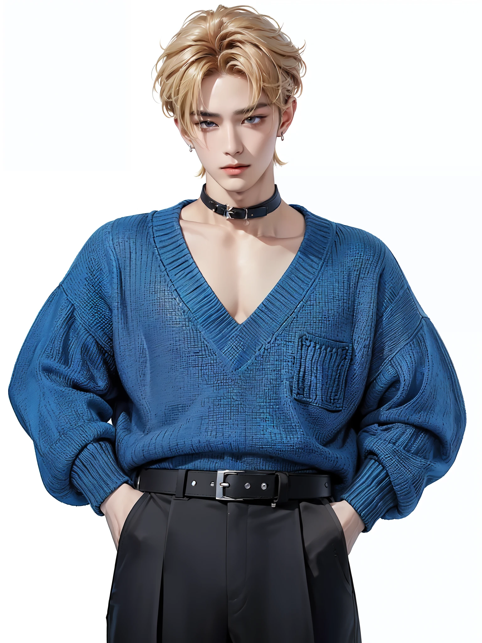 4K)) ((very high quality)) ((white background))Korean,  Штаны группы K-pop ,    Sonmin is a tall and slender young man, leather harness with soft features   ......  His hair is colored light brown .......,   , neckline that gives the look freshness and originality   . Hair is styled in a light style....,  Every day ,  bam,  covering his entire frontal part ,   that emphasizes his relaxed and stylish look  .    He has expressive brown eyes with sparkling energy and a soft smile......, ,  that immediately draws your attention  .  Sonmin wears a white V-shirt With a,  at the top, he wore a , которые выглядит как suspend.   high-waisted black pants  . He has  ,  collar around his neck with small earrings  ((very detailed face)) ((  detailed eyes)) ((    relaxed pose    )) ((full size pose)) ((Looking at me)) (( hands are relaxed )) ((  blonde)) ((detailed face)) ((hand in pocket) ((full size pose)) ((    Standing upright  )) ((bam, covering the forehead  )) ((длинная bam))  (( blue sweater  )) ((belt, suspend)) 