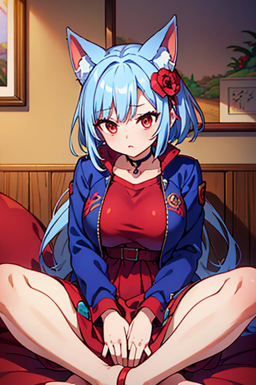 (anime art style), (((cartoon))), masterpiece, best quality, very aesthetic, absurdres, 1girl, solo, red eyes, light blue hair, medium hair, one side up, bangs, hair between eyes, hair ribbons, red dress, magical girl dress, short sleeves, strapless, choker, white gloves, glasses, white high heels, star symbol on dress, thighs, big breasts, blush, smile, sexy, collarbone, cleavage, ((feet out frame)), (from front), white background, (sitting), (spread legs) (looking at viewer:1.0)