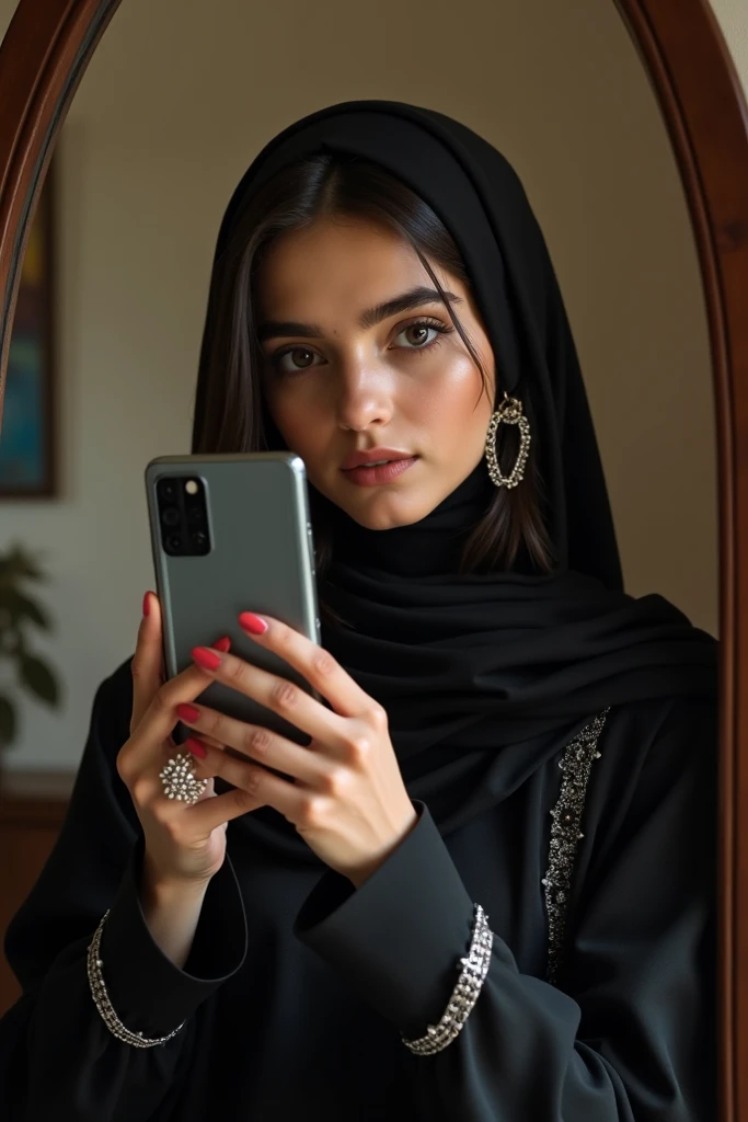 muslim girl wear black hijab hide face iphone mirror selfie