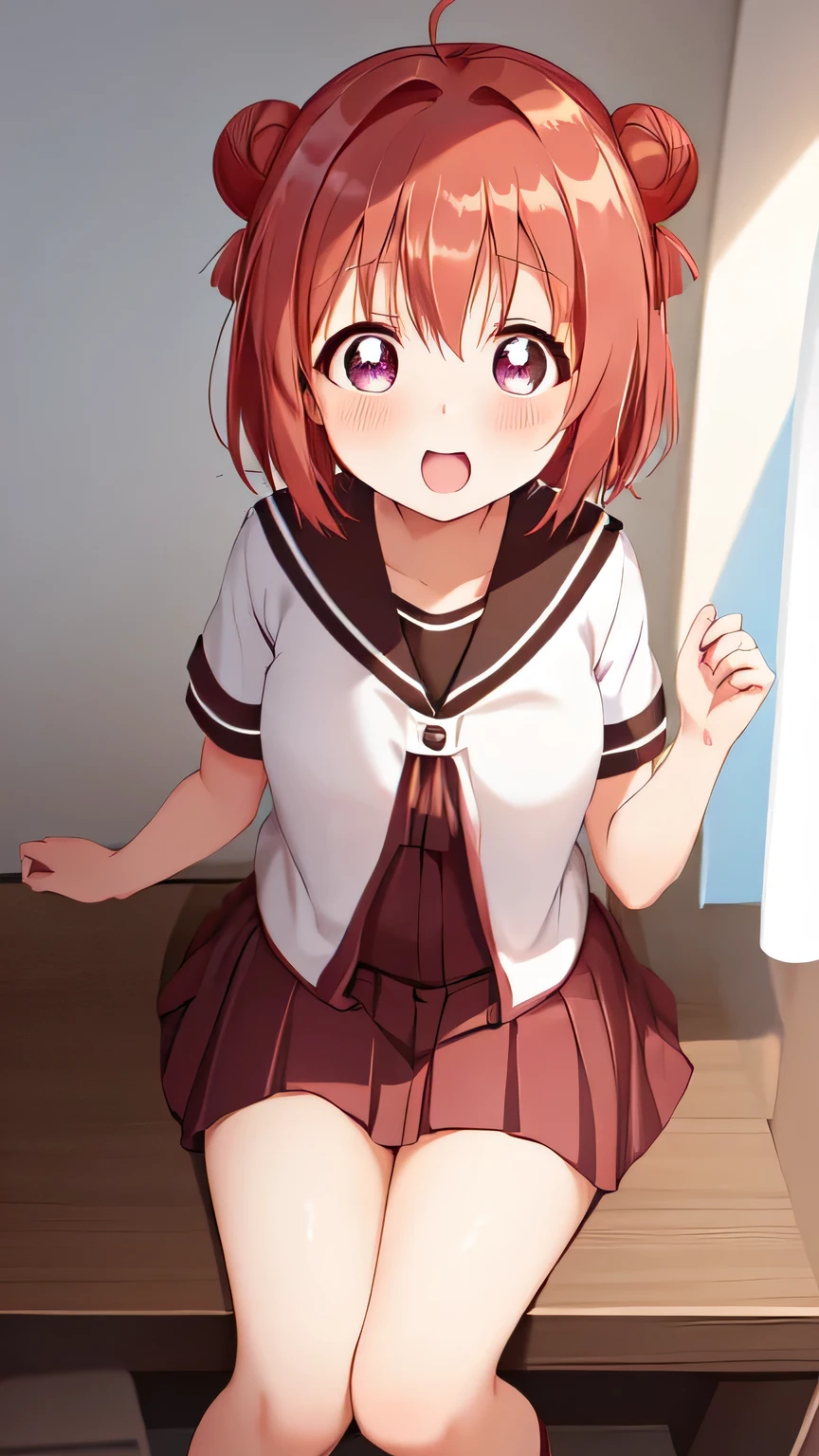 pov, from above, 1girl, cute, akari feature, yutuyuri school sailor uniform with white short sleeve, pleated skirt, looking at viewer:1.3, school uniform, reddish hair with Double Bun, playful surprise, surprised, friendly demeanor, Japanese tea room, Her eyes widen like sparkling stars, Her mouth is slightly open, Her cheeks are flushed red, floating exclamation mark:1.4, (extremely detailed, high resolution, absurdres,4K)
