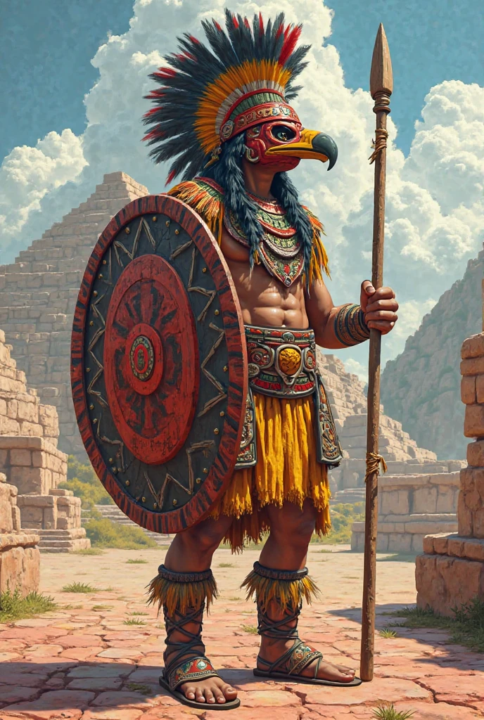 I want an illustration of a Colombian eagle, that the body is that of a person, dressed in Colombian costume, a poncho, a machete and a hat, the head is that of the eagle