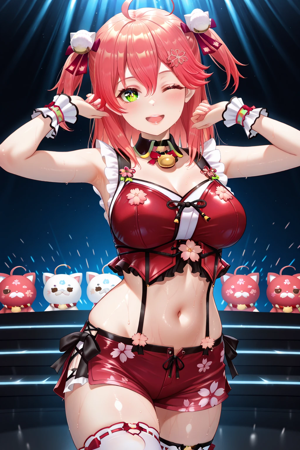 best quality, masterpiece, extremely detailed CG, official art , professional lighting, detailed background, sakimiyairuka, red hair, green eyes,(one side up), medium hair, green scrunchie, hair ornament, cat years, gleaming skin, big breasts, groin, cameltoe, micro bikini, smile,