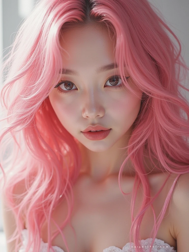 (Pink Hair :1.3),(masterpiece:1.3), (Photorealistic, RAW Photos, Highest quality: 1.4), Skinny Japanese woman, 30 years old, (One Girl), (A vivid face), Detailed face, Detailed eyes, (Long Hair:1.3), (Realistic Skin), (Silver Camisole), Ultra-high resolution, Surreal, High definition,