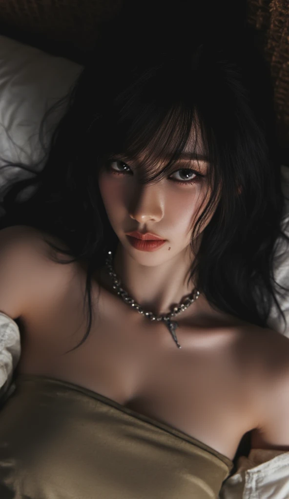 (high resolution, ultra details, realisitic:1.37), aerith, final-fantasy, lingerie body renda preta, lace swimsuit, lying in the bed, whole body lie on the bed