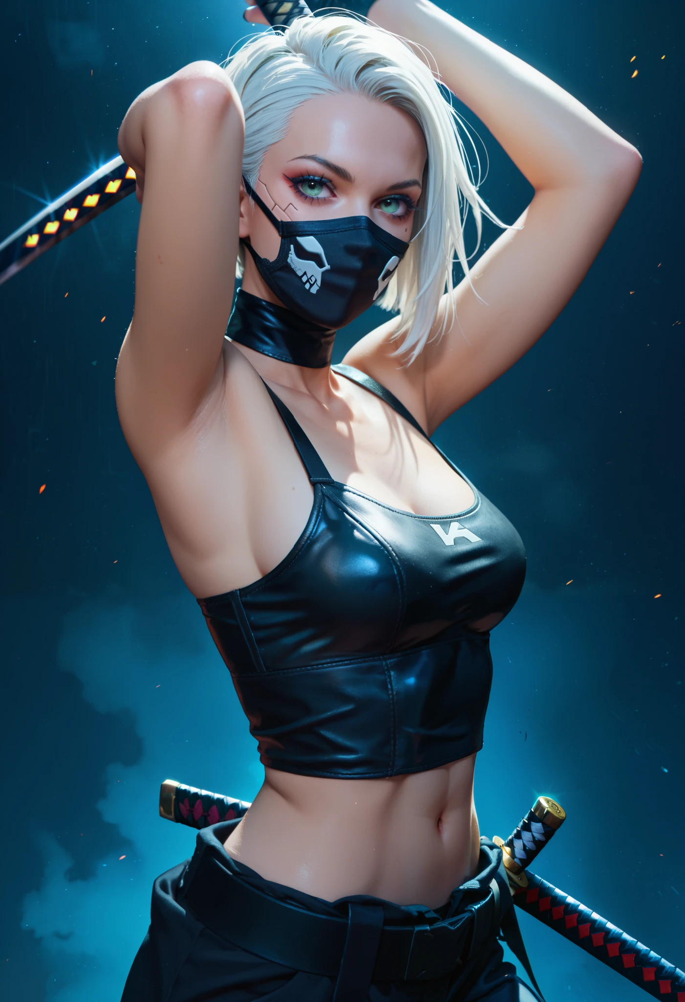 Waist up cyberpunk ninja girl, white short hair, masterpiece, wearing a mask with design skull, best quality, sharp focus, moving pose, holding katana, best quality, perfect face, holding katana, glowing