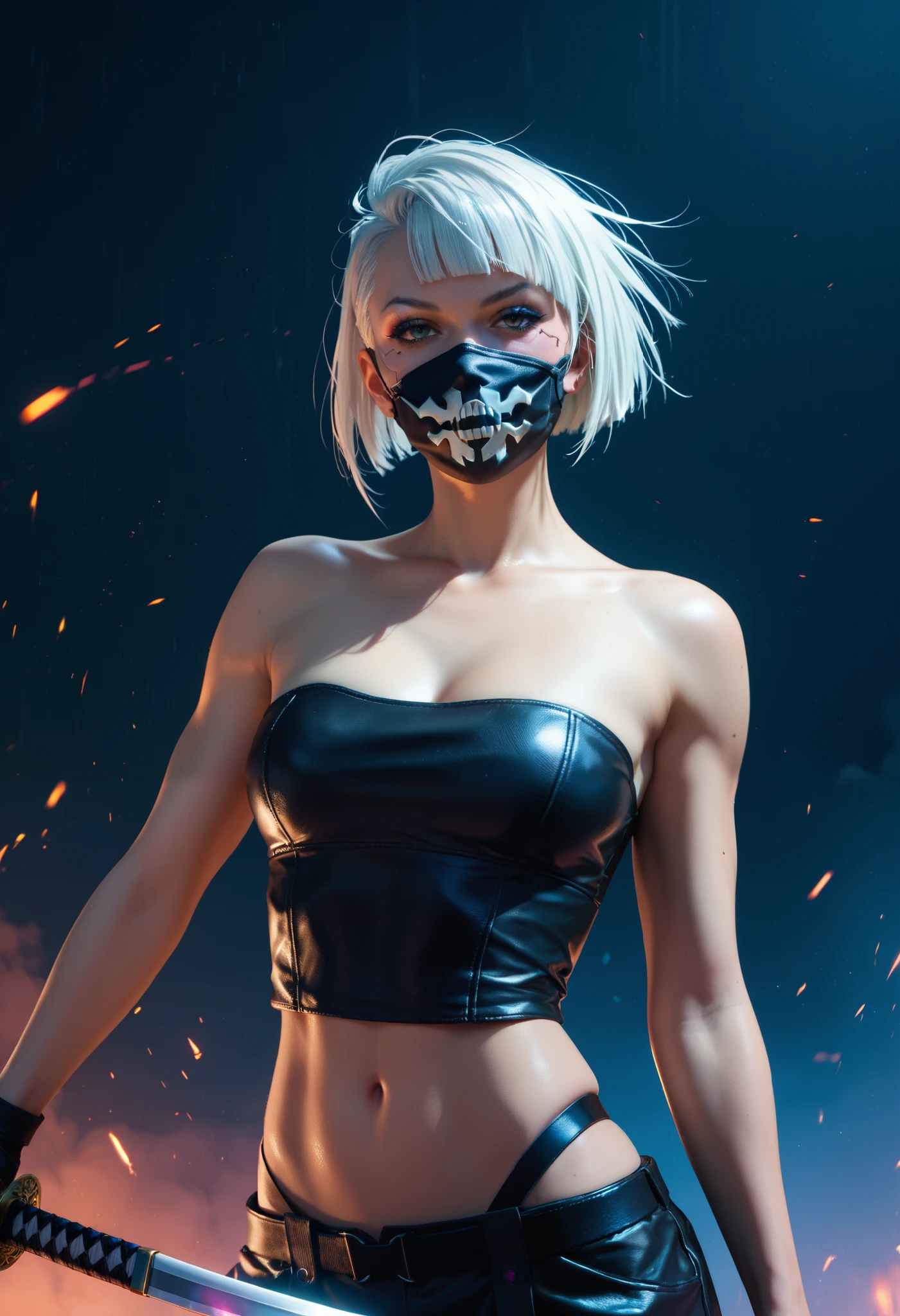 Waist up cyberpunk ninja girl, white short hair, masterpiece, wearing a mask with design skull, best quality, sharp focus, moving pose, holding katana, best quality, perfect face, holding katana, glowing